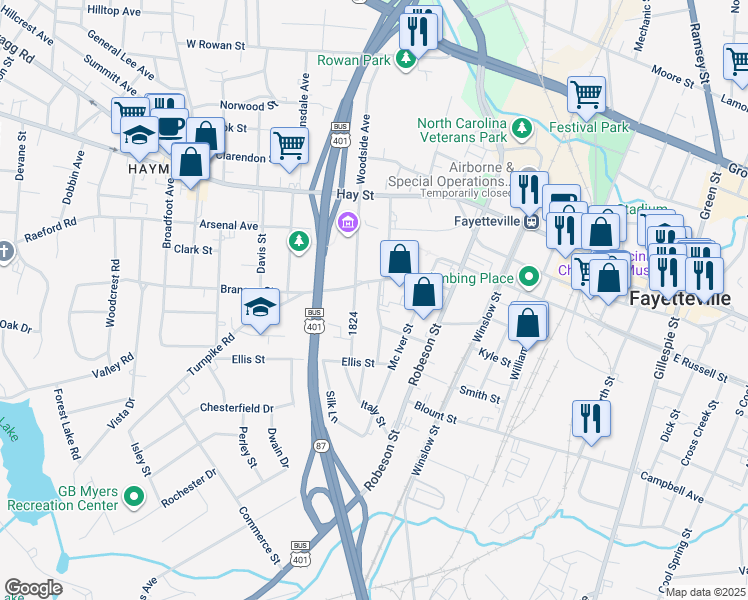 map of restaurants, bars, coffee shops, grocery stores, and more near 310 Weisiger Street in Fayetteville
