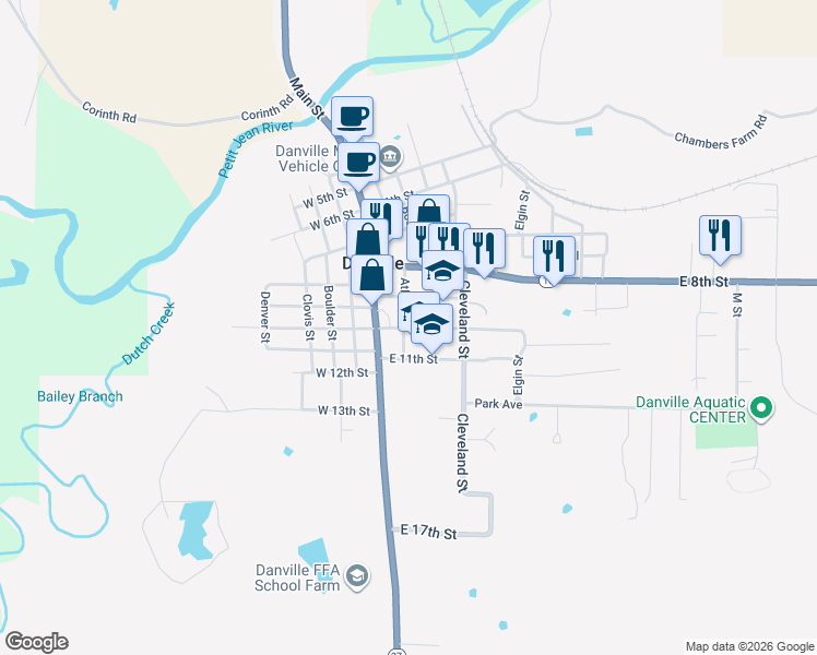 map of restaurants, bars, coffee shops, grocery stores, and more near J A Moudy Drive in Danville