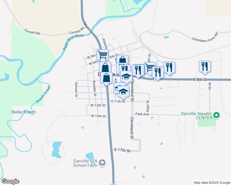 map of restaurants, bars, coffee shops, grocery stores, and more near J A Moudy Drive in Danville