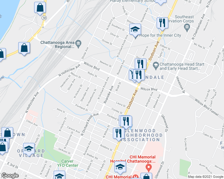 map of restaurants, bars, coffee shops, grocery stores, and more near 2001 Wilson Street in Chattanooga