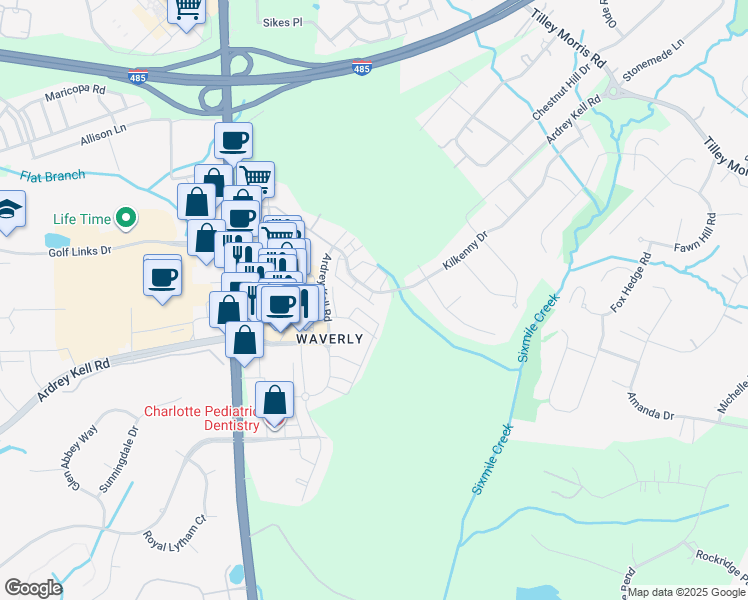 map of restaurants, bars, coffee shops, grocery stores, and more near 6805 Walnut Loop Road in Charlotte