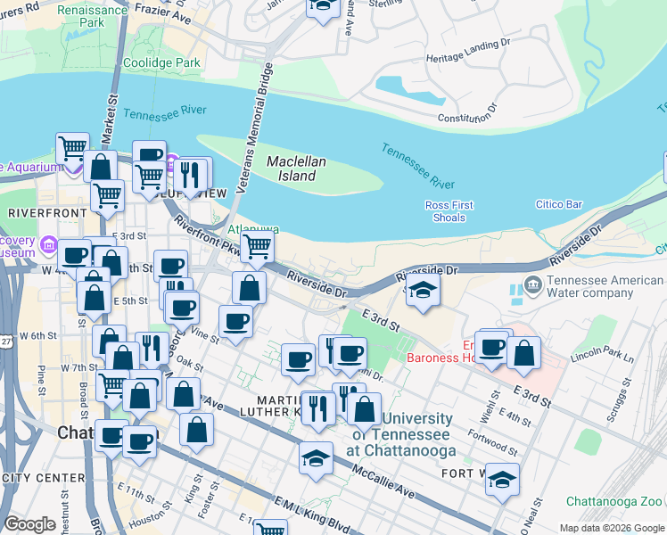 map of restaurants, bars, coffee shops, grocery stores, and more near 730 East 1st Street in Chattanooga