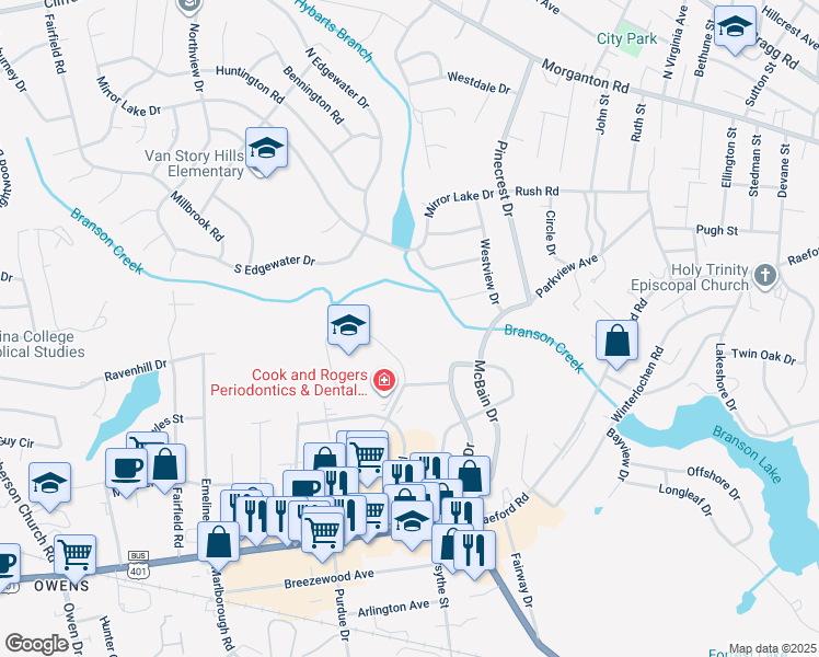 map of restaurants, bars, coffee shops, grocery stores, and more near 579 Winding Creek Road in Fayetteville