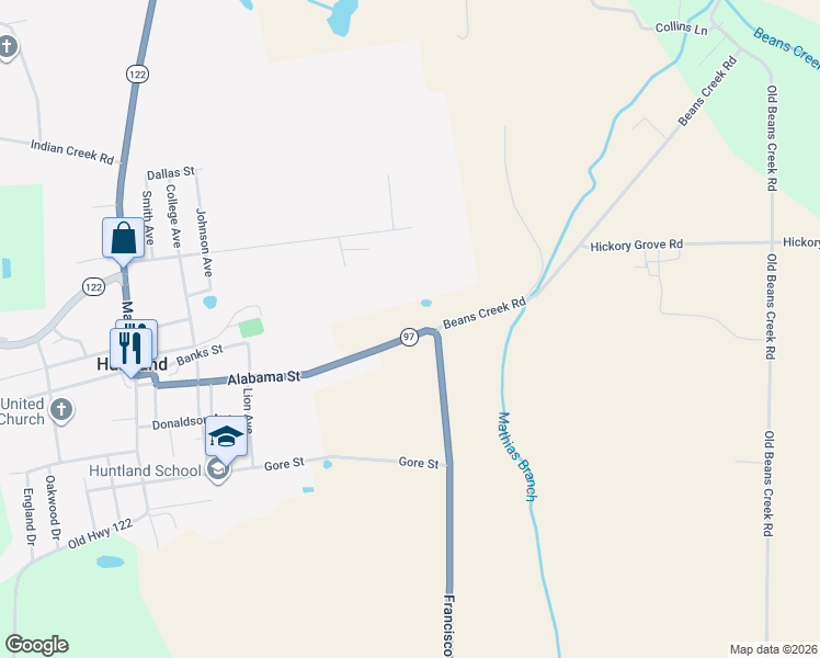 map of restaurants, bars, coffee shops, grocery stores, and more near 2203 Beans Creek Road in Huntland