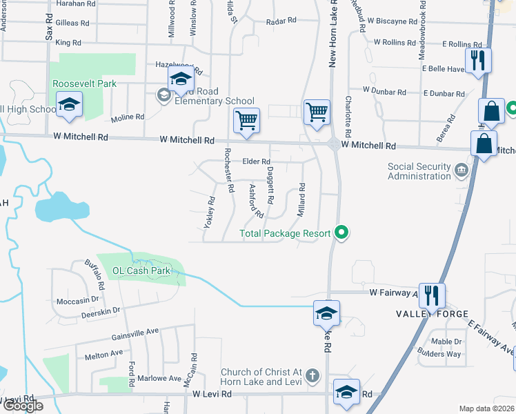 map of restaurants, bars, coffee shops, grocery stores, and more near 3541 Daggett Road in Memphis