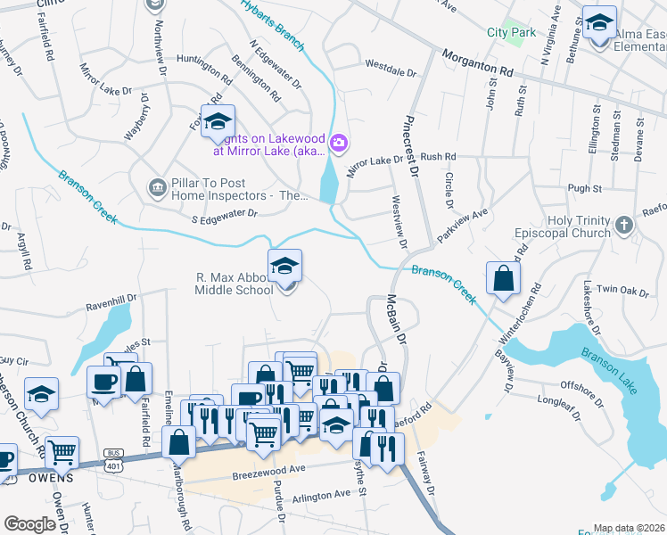 map of restaurants, bars, coffee shops, grocery stores, and more near 579 Winding Creek Road in Fayetteville