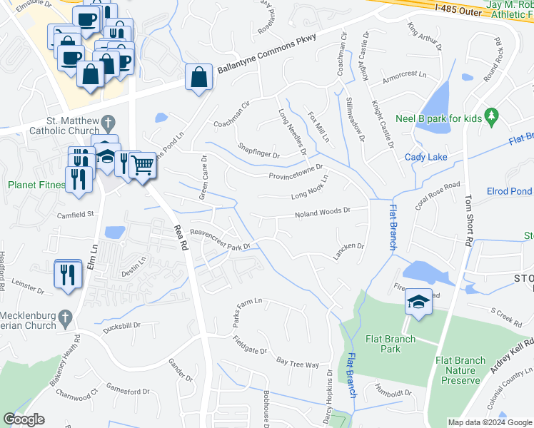map of restaurants, bars, coffee shops, grocery stores, and more near 8114 Noland Woods Drive in Charlotte