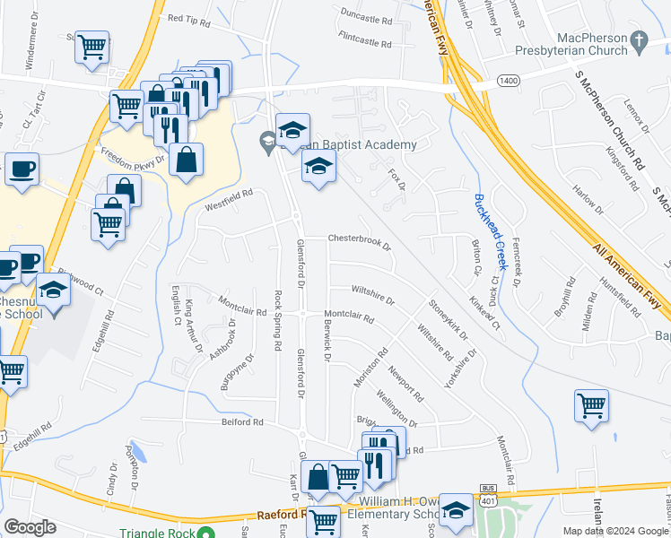 map of restaurants, bars, coffee shops, grocery stores, and more near 623 Berwick Drive in Fayetteville