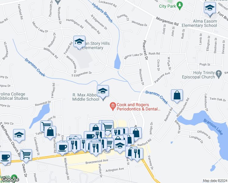 map of restaurants, bars, coffee shops, grocery stores, and more near 573 Winding Creek Road in Fayetteville