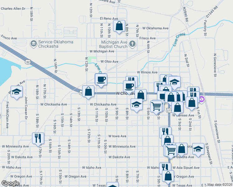 map of restaurants, bars, coffee shops, grocery stores, and more near 125 North 9th Street in Chickasha