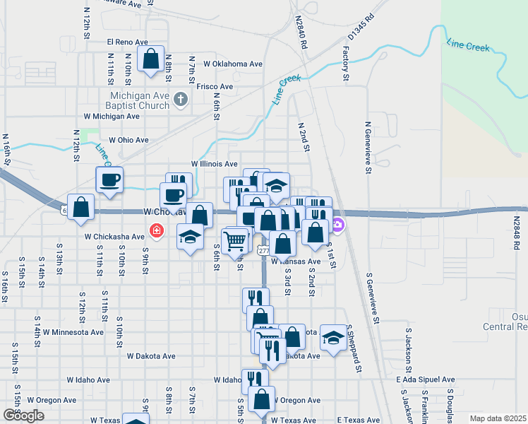 map of restaurants, bars, coffee shops, grocery stores, and more near in Chickasha