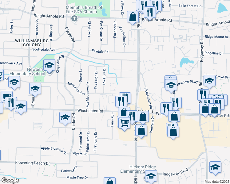 map of restaurants, bars, coffee shops, grocery stores, and more near 5827 South Newberry Lane in Memphis