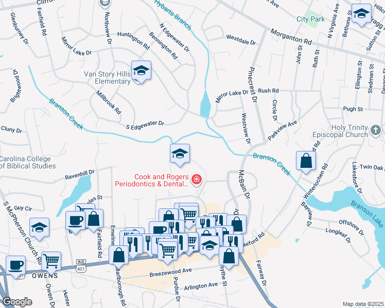 map of restaurants, bars, coffee shops, grocery stores, and more near 567 Winding Creek Road in Fayetteville