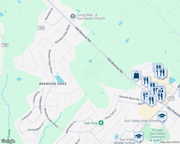 map of restaurants, bars, coffee shops, grocery stores, and more near 6024 Old Monroe Rd in Indian Trail