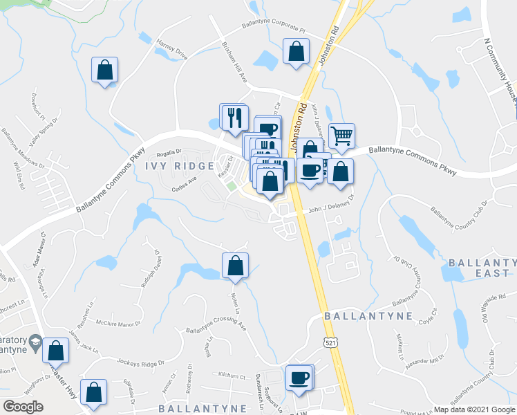 map of restaurants, bars, coffee shops, grocery stores, and more near 14935 Santa Lucia Drive in Charlotte