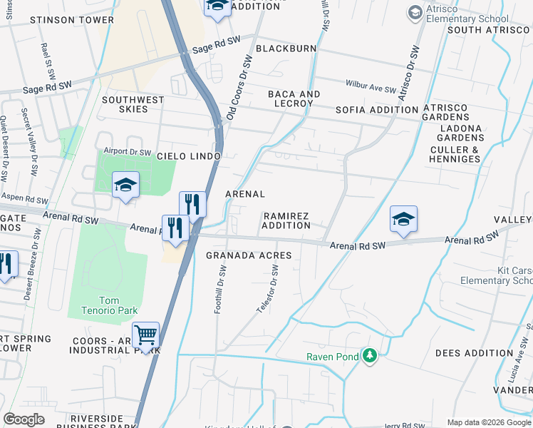 map of restaurants, bars, coffee shops, grocery stores, and more near 1709 Onate Place Southwest in Albuquerque