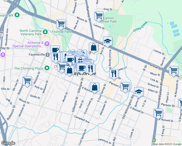 map of restaurants, bars, coffee shops, grocery stores, and more near 116 Person Street in Fayetteville