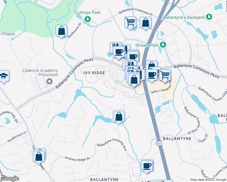 map of restaurants, bars, coffee shops, grocery stores, and more near 11504 Costigan Lane in Charlotte
