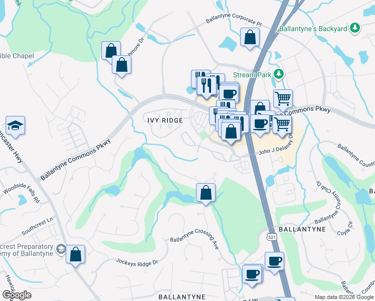 map of restaurants, bars, coffee shops, grocery stores, and more near 14682 Via Sorrento Drive in Charlotte