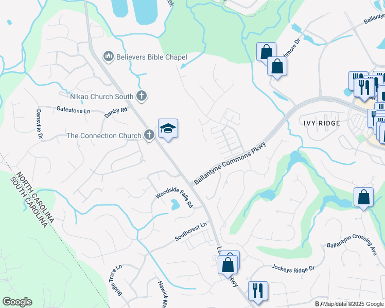 map of restaurants, bars, coffee shops, grocery stores, and more near 14282 Wynhollow Downs Lane in Charlotte