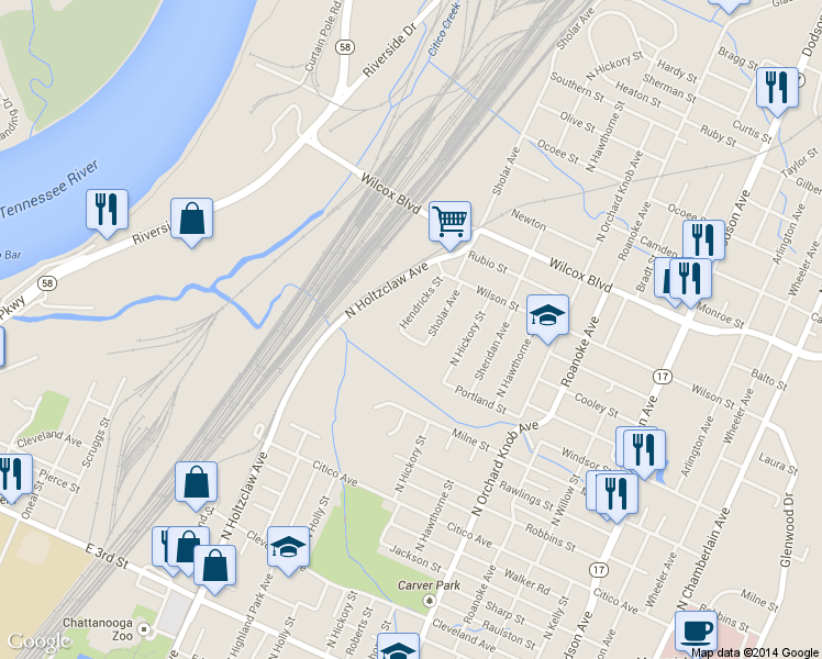 map of restaurants, bars, coffee shops, grocery stores, and more near 1108 Hendricks Street in Chattanooga