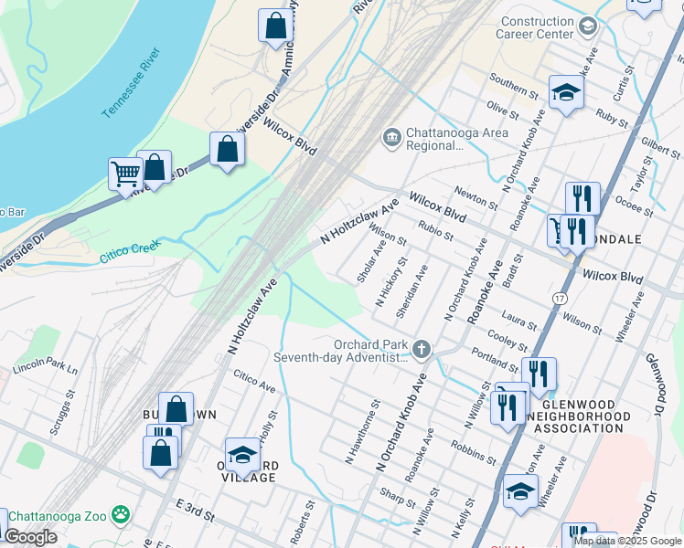 map of restaurants, bars, coffee shops, grocery stores, and more near 1108 Hendricks Street in Chattanooga