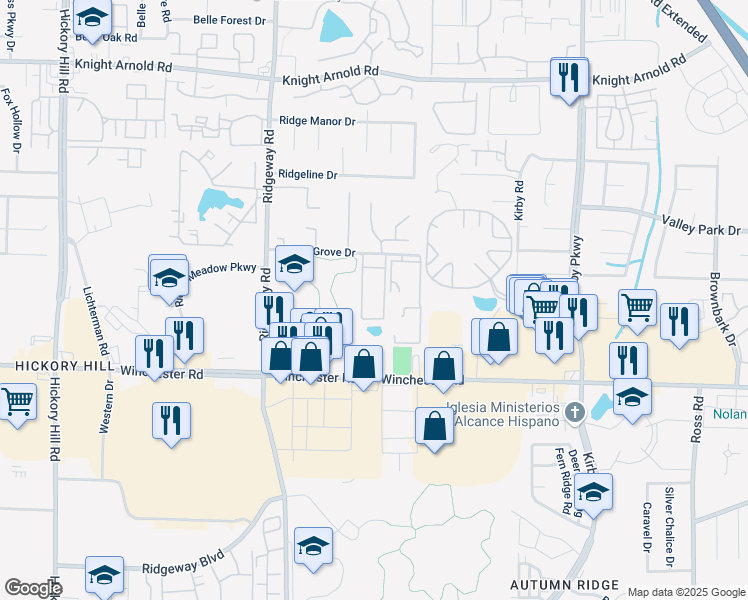 map of restaurants, bars, coffee shops, grocery stores, and more near 6301 Village Grove Drive in Memphis