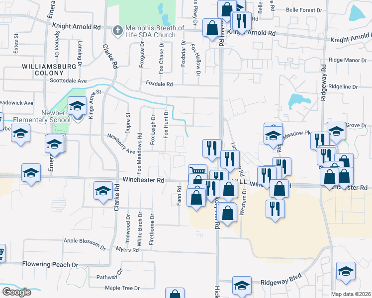 map of restaurants, bars, coffee shops, grocery stores, and more near 5827 South Newberry Lane in Memphis