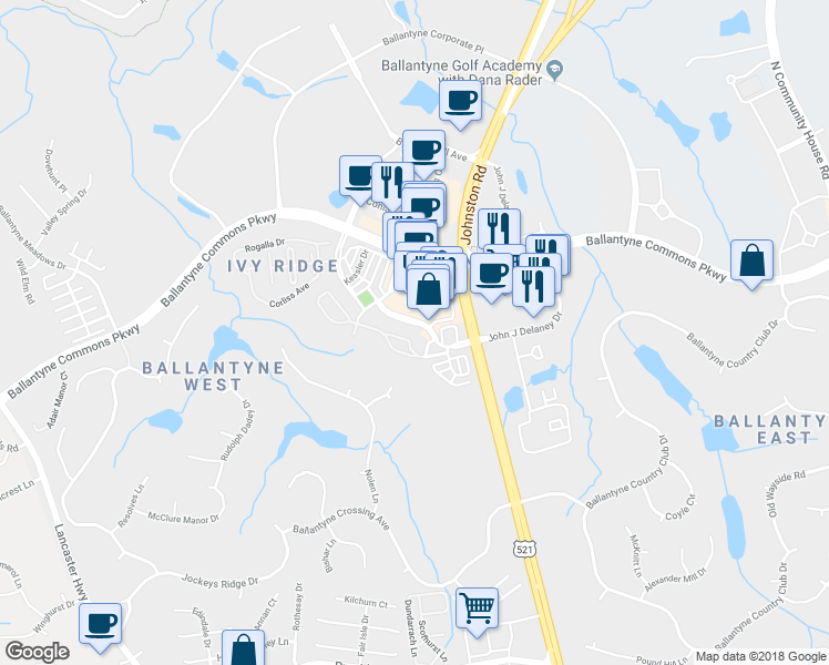 map of restaurants, bars, coffee shops, grocery stores, and more near 14941 Santa Lucia Drive in Charlotte