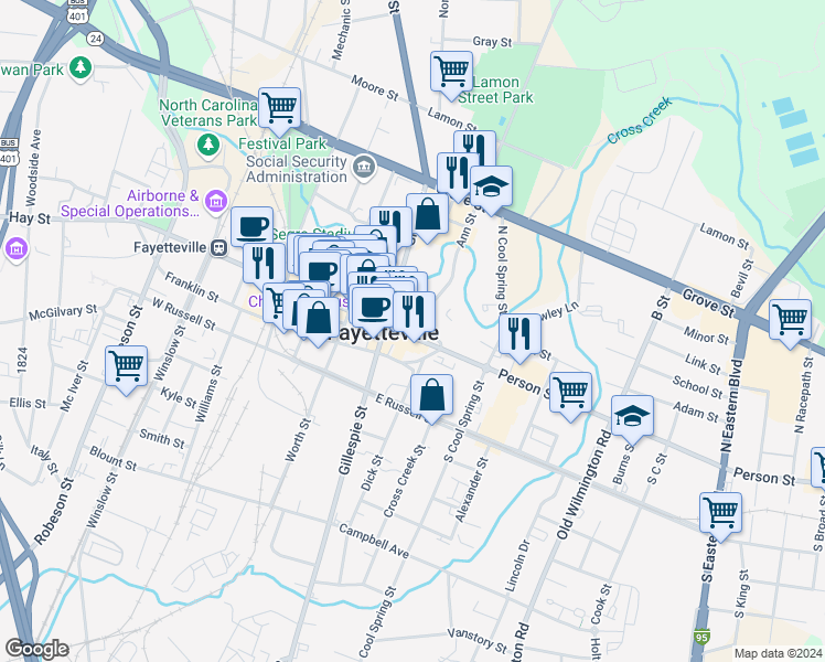 map of restaurants, bars, coffee shops, grocery stores, and more near 123 Person Street in Fayetteville