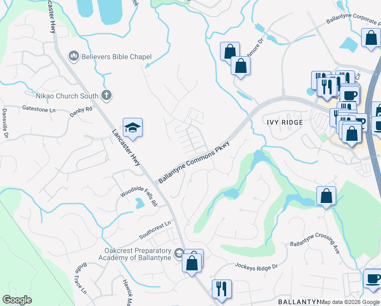 map of restaurants, bars, coffee shops, grocery stores, and more near 11347 Deer Ridge Lane in Charlotte