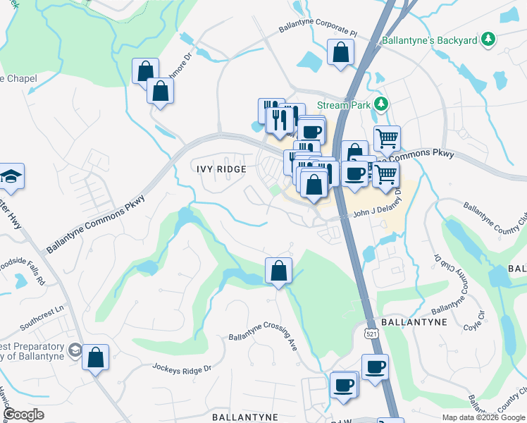 map of restaurants, bars, coffee shops, grocery stores, and more near 11504 Costigan Lane in Charlotte