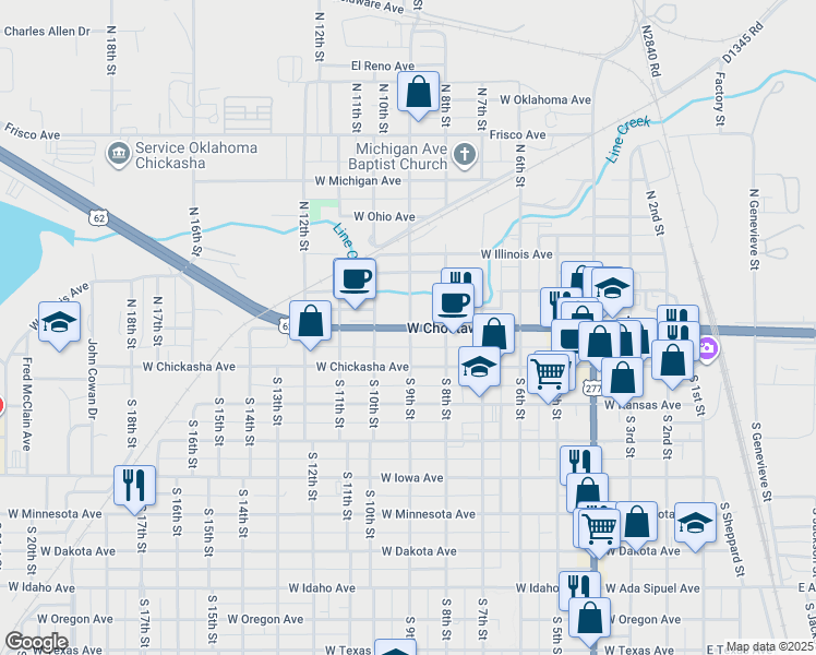 map of restaurants, bars, coffee shops, grocery stores, and more near 900 West Choctaw Avenue in Chickasha