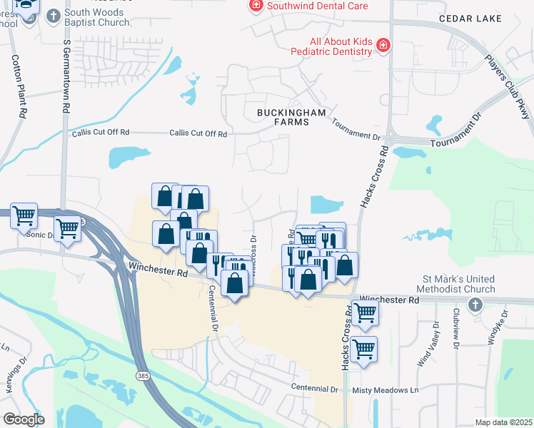 map of restaurants, bars, coffee shops, grocery stores, and more near 7886 Winchester Hills Street in Memphis