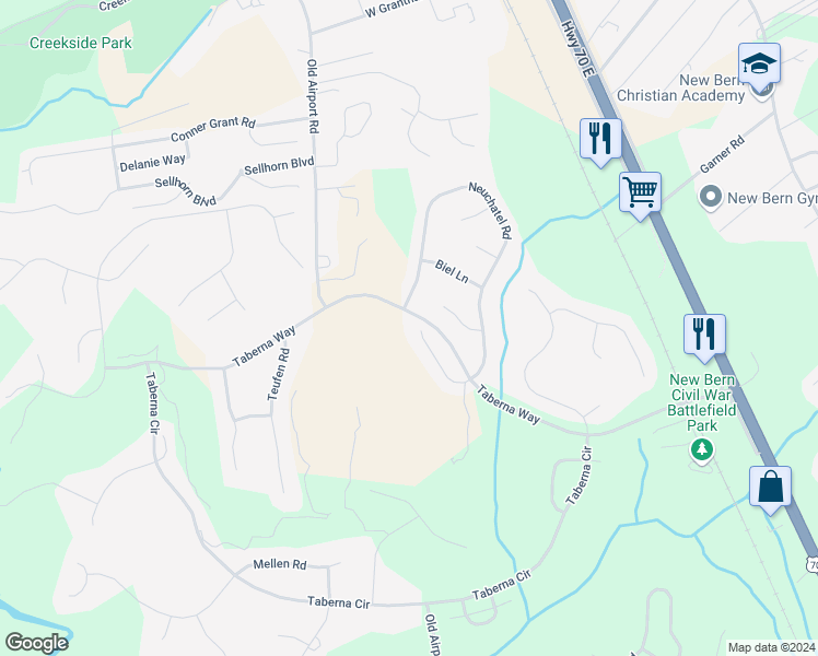 map of restaurants, bars, coffee shops, grocery stores, and more near 131 Saint Gallen Court in New Bern