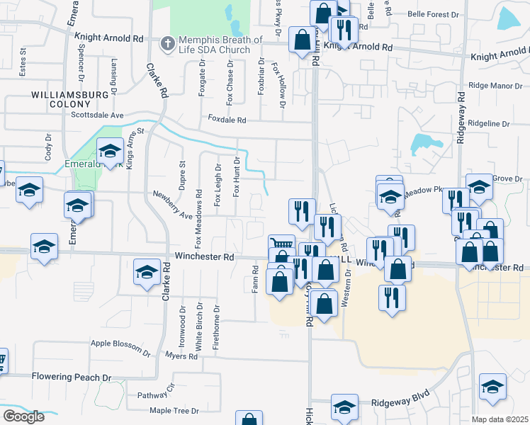 map of restaurants, bars, coffee shops, grocery stores, and more near 5827 South Newberry Lane in Memphis
