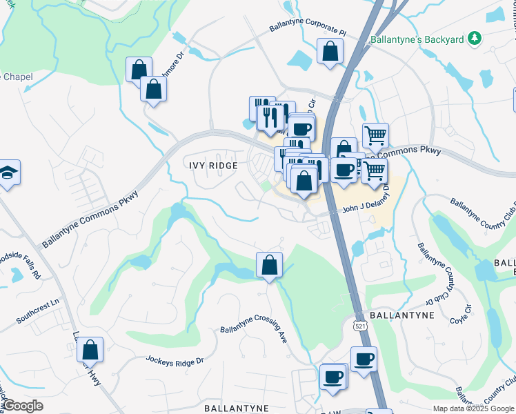 map of restaurants, bars, coffee shops, grocery stores, and more near 11504 Costigan Lane in Charlotte