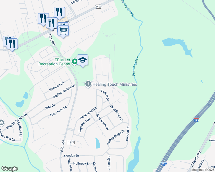 map of restaurants, bars, coffee shops, grocery stores, and more near Woodline Drive in Fayetteville