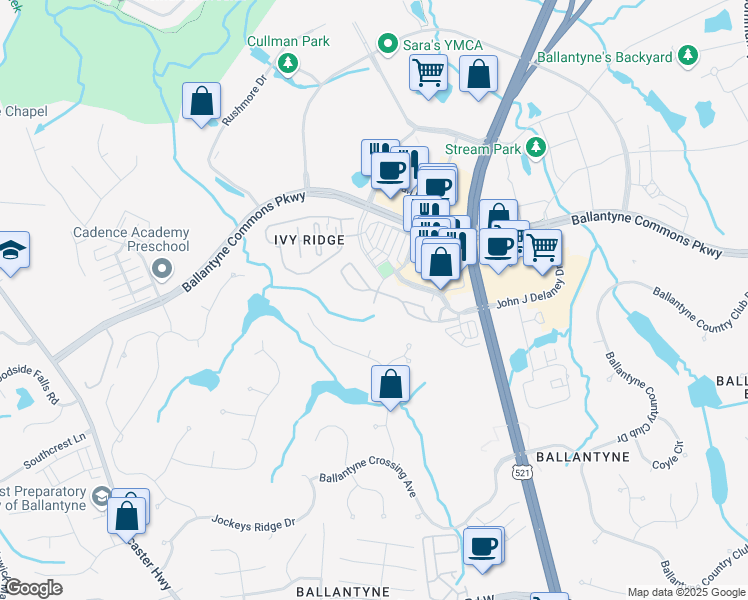 map of restaurants, bars, coffee shops, grocery stores, and more near 14941 Santa Lucia Drive in Charlotte