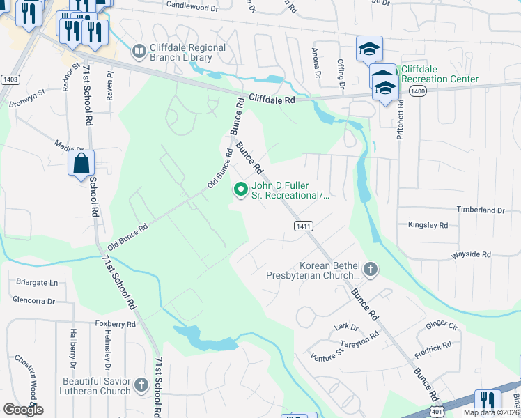 map of restaurants, bars, coffee shops, grocery stores, and more near 700-798 Alan Street in Fayetteville