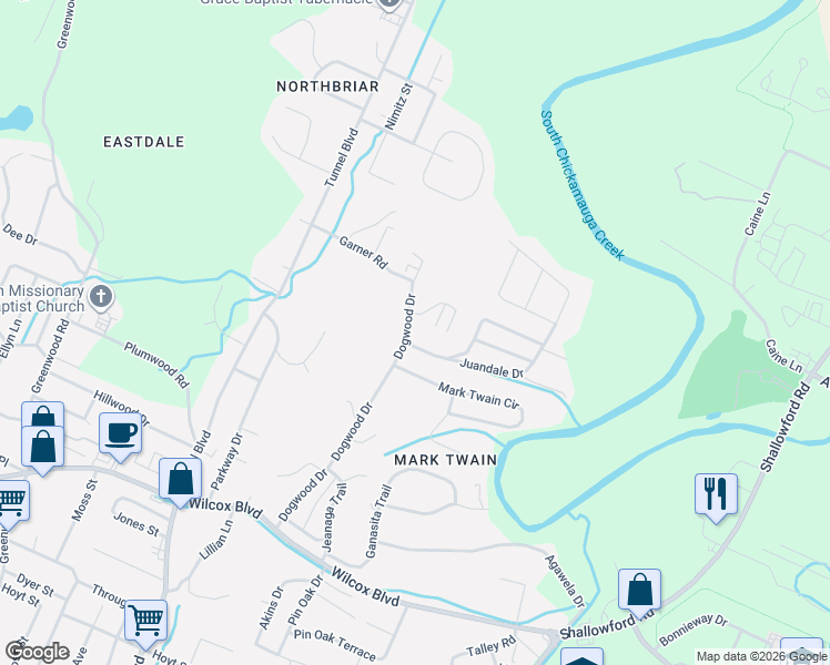 map of restaurants, bars, coffee shops, grocery stores, and more near 3702 Juandale Drive in Chattanooga
