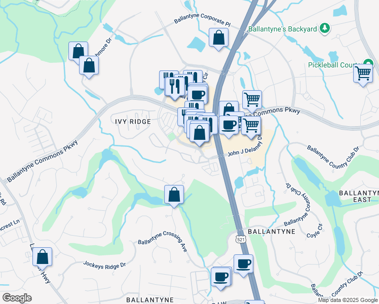 map of restaurants, bars, coffee shops, grocery stores, and more near 14911 Santa Lucia Drive in Charlotte