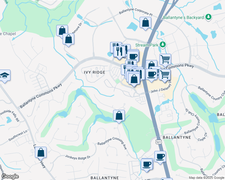 map of restaurants, bars, coffee shops, grocery stores, and more near 11504 Costigan Lane in Charlotte