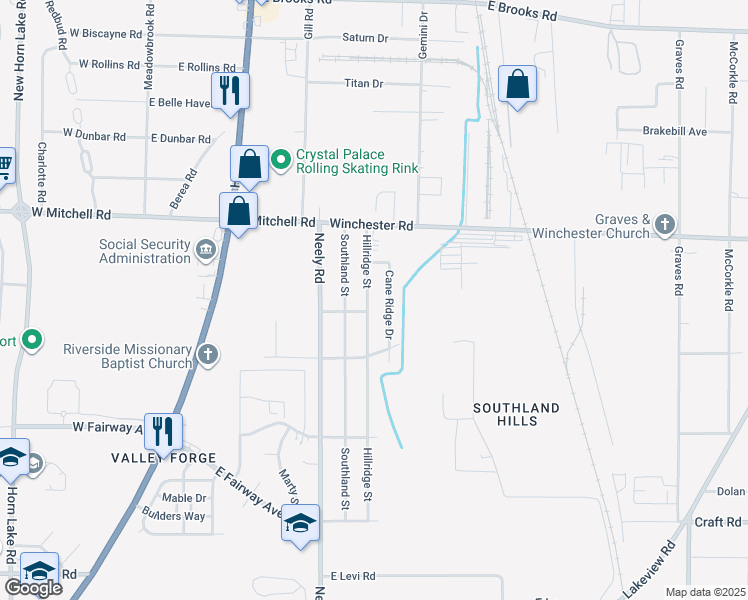 map of restaurants, bars, coffee shops, grocery stores, and more near 3540 Hillridge Street in Memphis