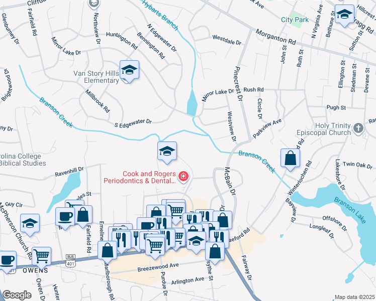 map of restaurants, bars, coffee shops, grocery stores, and more near 573 Winding Creek Road in Fayetteville