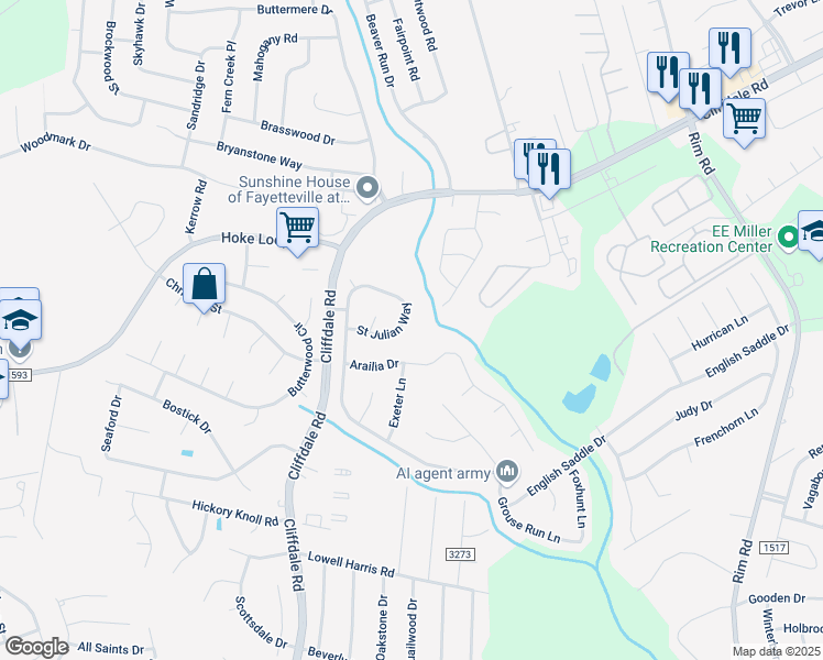 map of restaurants, bars, coffee shops, grocery stores, and more near 6728 Saint Julian Way in Fayetteville