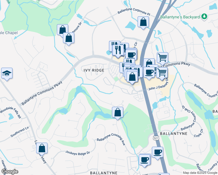 map of restaurants, bars, coffee shops, grocery stores, and more near 11504 Costigan Lane in Charlotte