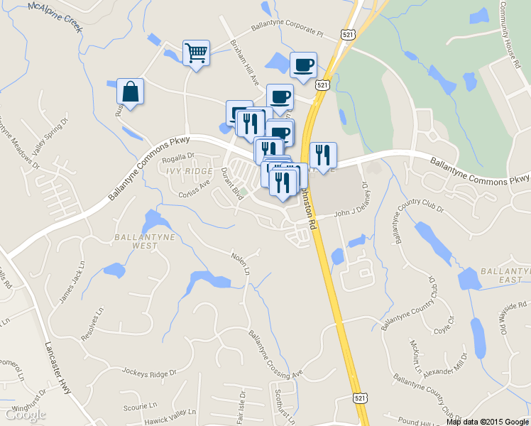 map of restaurants, bars, coffee shops, grocery stores, and more near 14945 Santa Lucia Drive in Charlotte