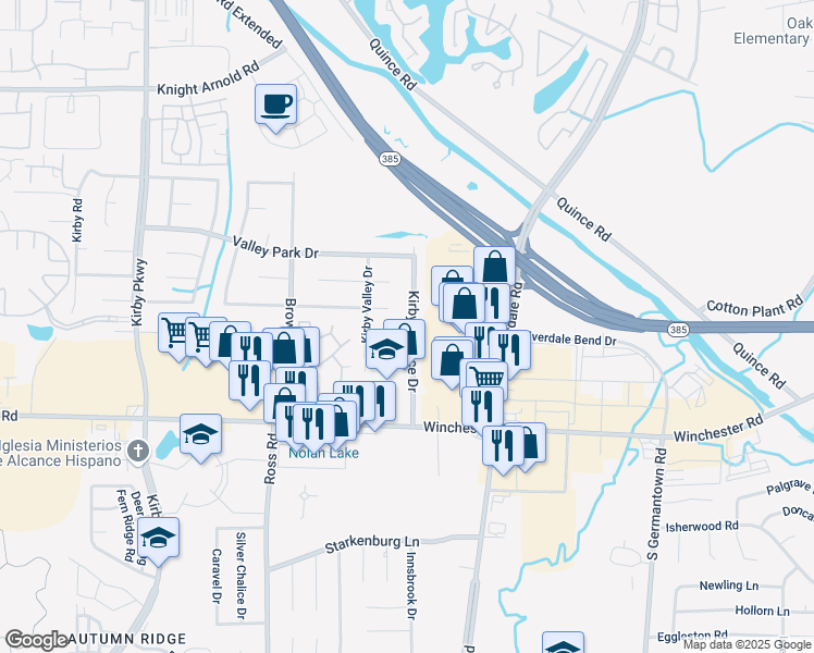 map of restaurants, bars, coffee shops, grocery stores, and more near 6889 Kirby Mills Cove in Memphis