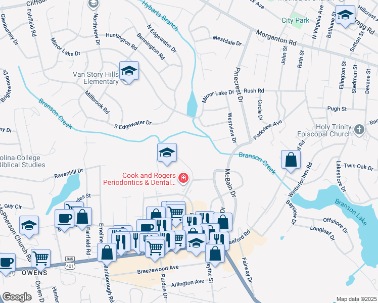 map of restaurants, bars, coffee shops, grocery stores, and more near 573 Winding Creek Road in Fayetteville